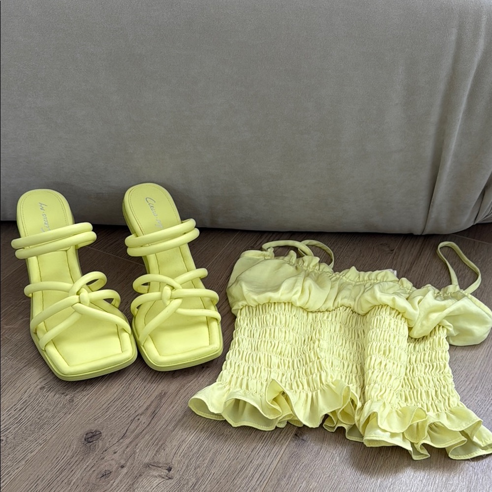 Yellow Strappy Square Toe Heels and Smocked Top Set Sam Edelman